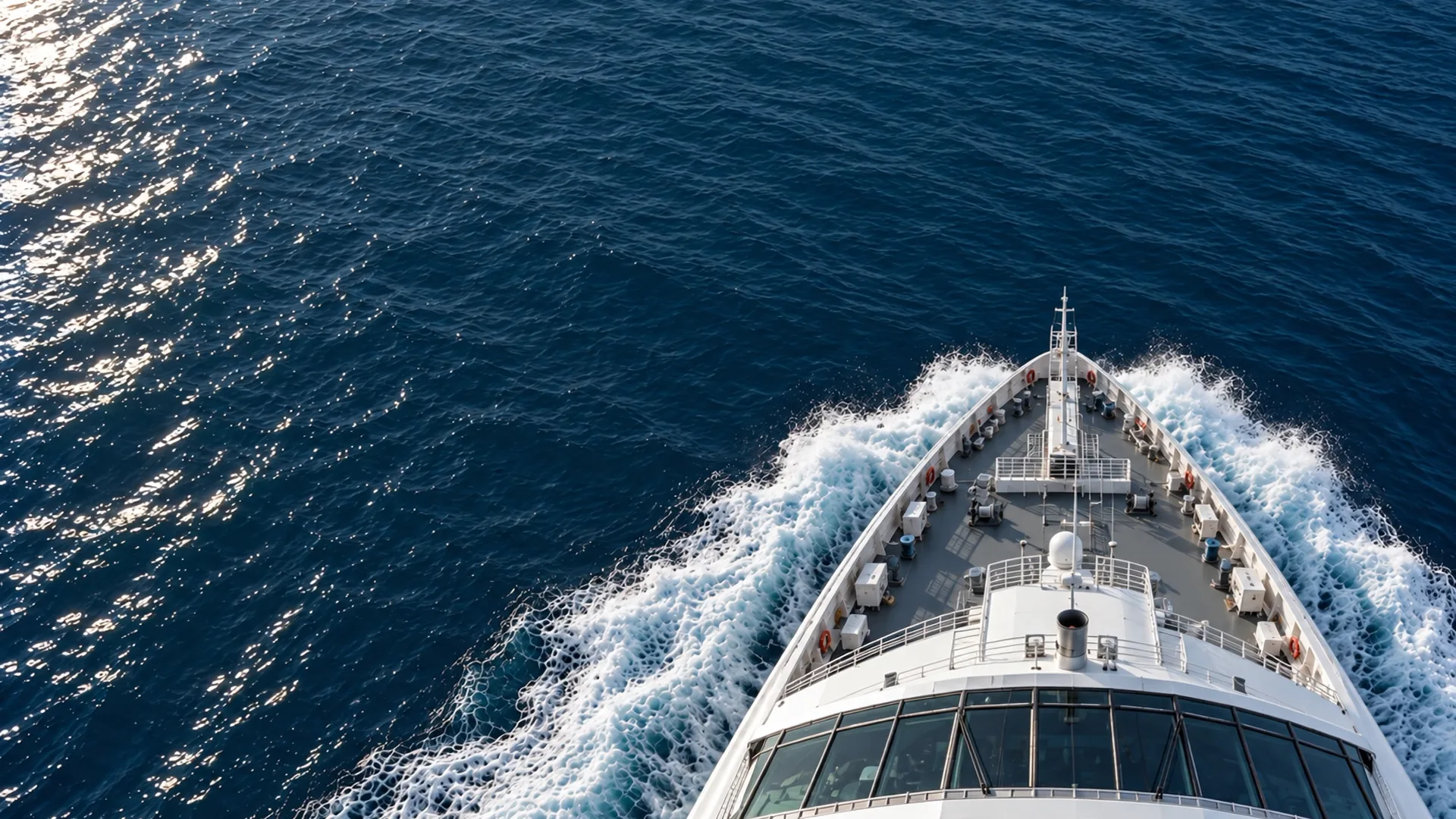 Aerial view of a ferry bow cutting through the Baltic Sea