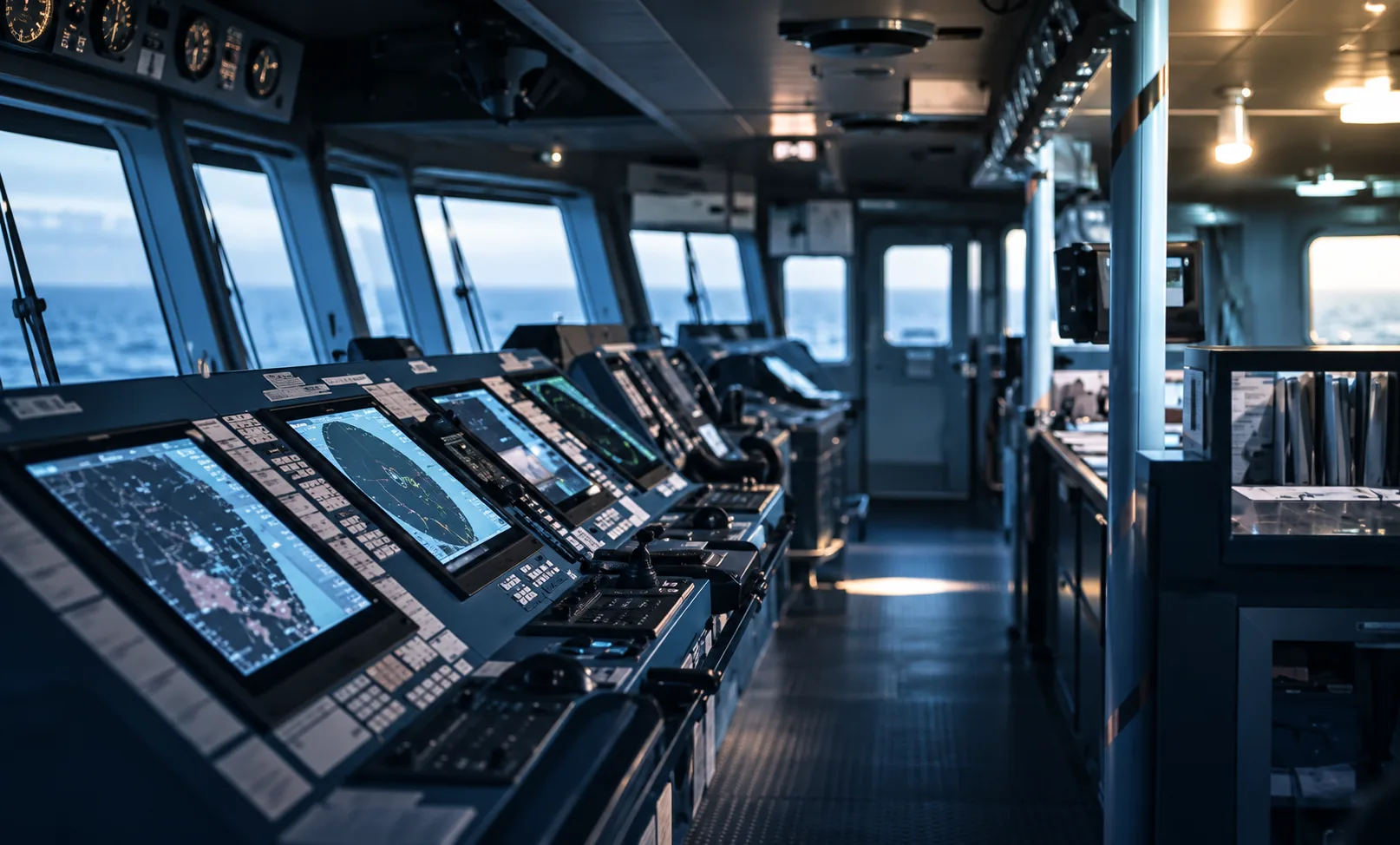 The bridge of a modern ferry with navigation screens overlooking the sea